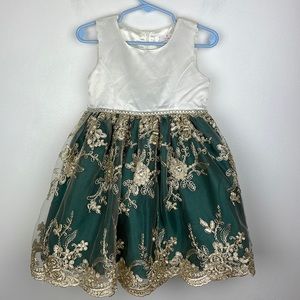 Beautiful Biscotti Toddler Dress White & Green with Gold Lace Embroidery Size 2T